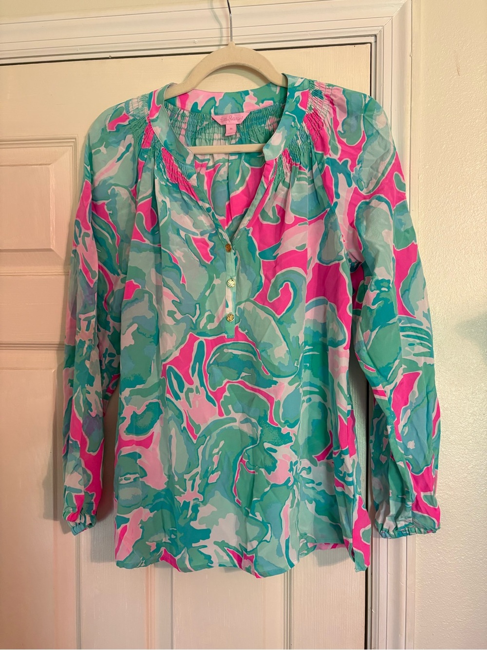 Lilly Pulitzer Pink Teal Print Peasant Blouse